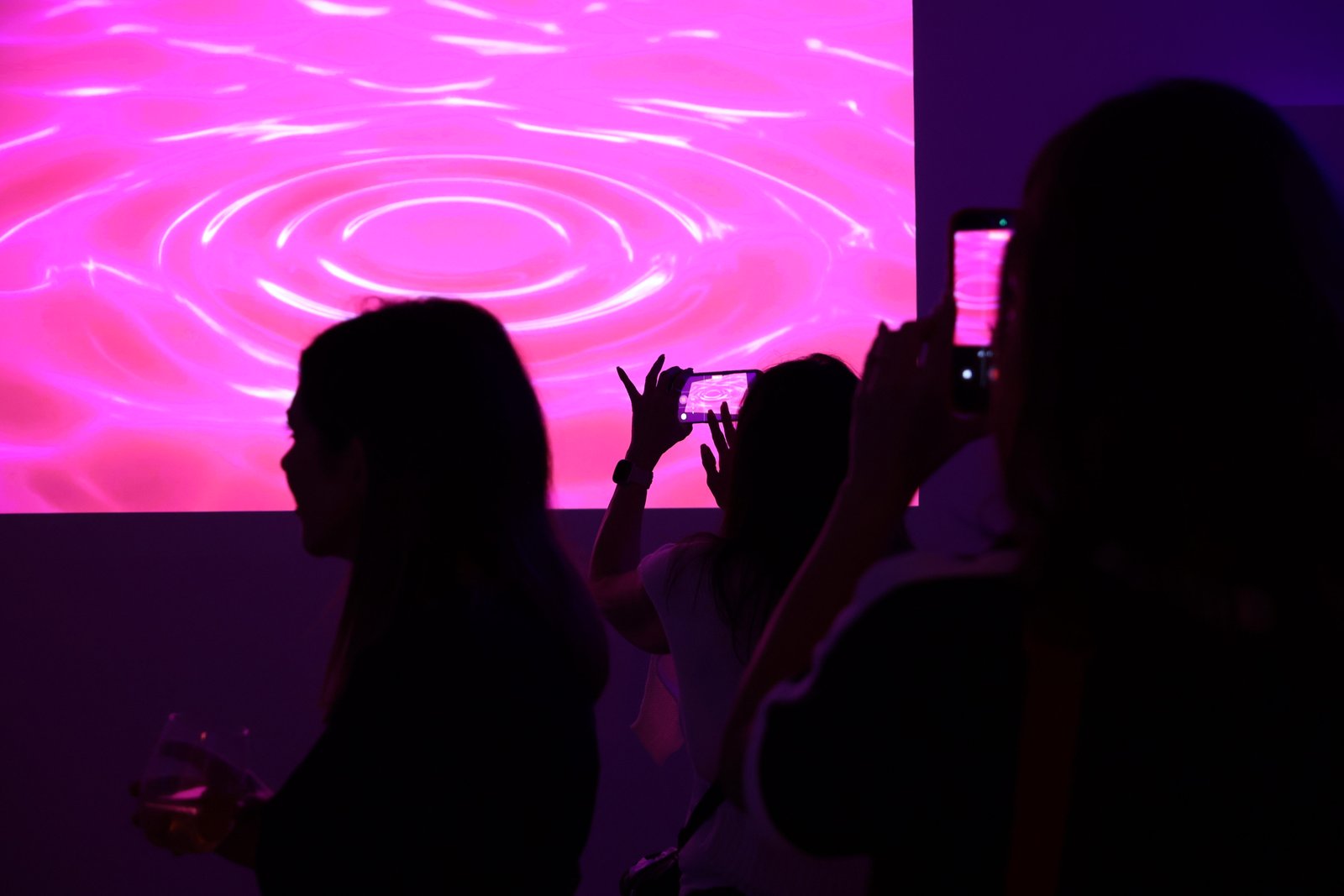 Visitors photograph the luminous pink projection of Lumaform II.