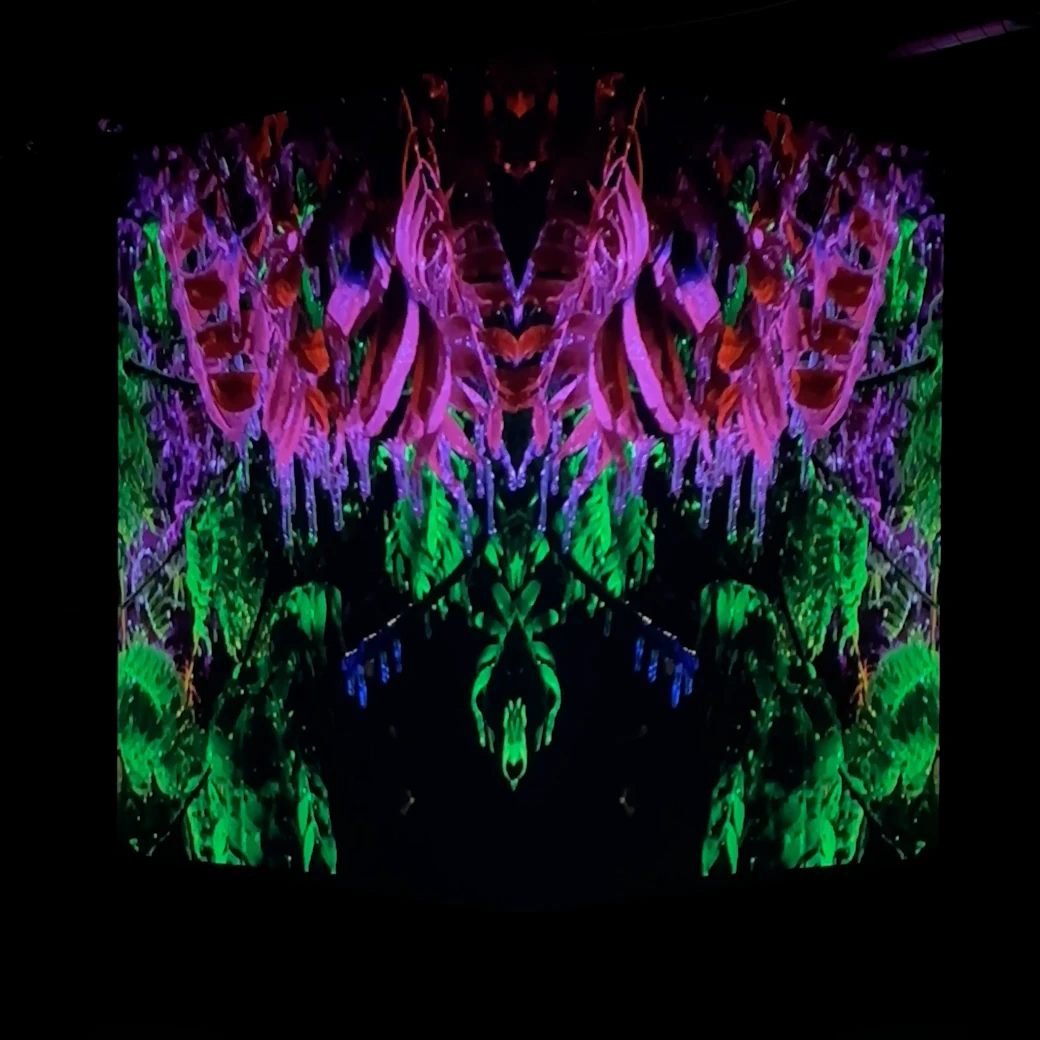 Green and violet tree imagery forms a central face above a dark opening in the mirrored projection.